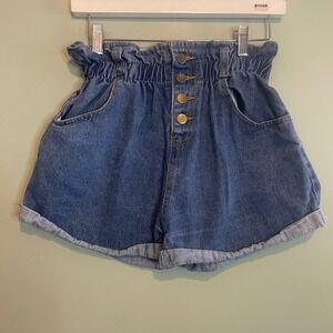 Women Denim Casual Travel Button Fly Hi Rise Stretch Paperbag Shorts Blue Medium